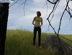 Babe tinkles on a rock in the middle of a field